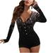 Shldybc Women s Sexy Butt Button Back Flap Jumpsuit V Neck Shorts Long Sleeve Romper Bodycon Pajamas Onesies - Fall/Winter Clearance