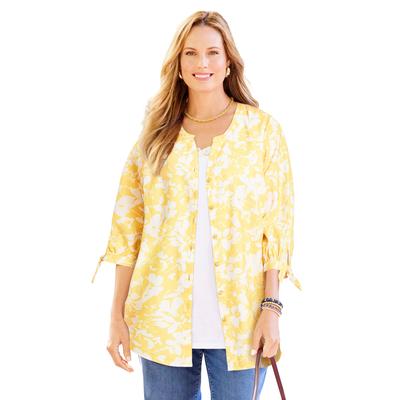 Plus Size Women's Georgette Buttonfront Tie Sleeve Cafe Blouse by Catherines in Yellow Mono Floral (Size 2XWP)
