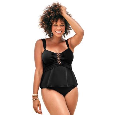 Plus Size Women's Underwire Shirred Ring Bandeau Tankini Top by Swimsuits For All in Black (Size 10)
