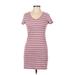 Pink Rose Casual Dress - Bodycon V-Neck Short sleeves: Burgundy Print Dresses - Women's Size Medium