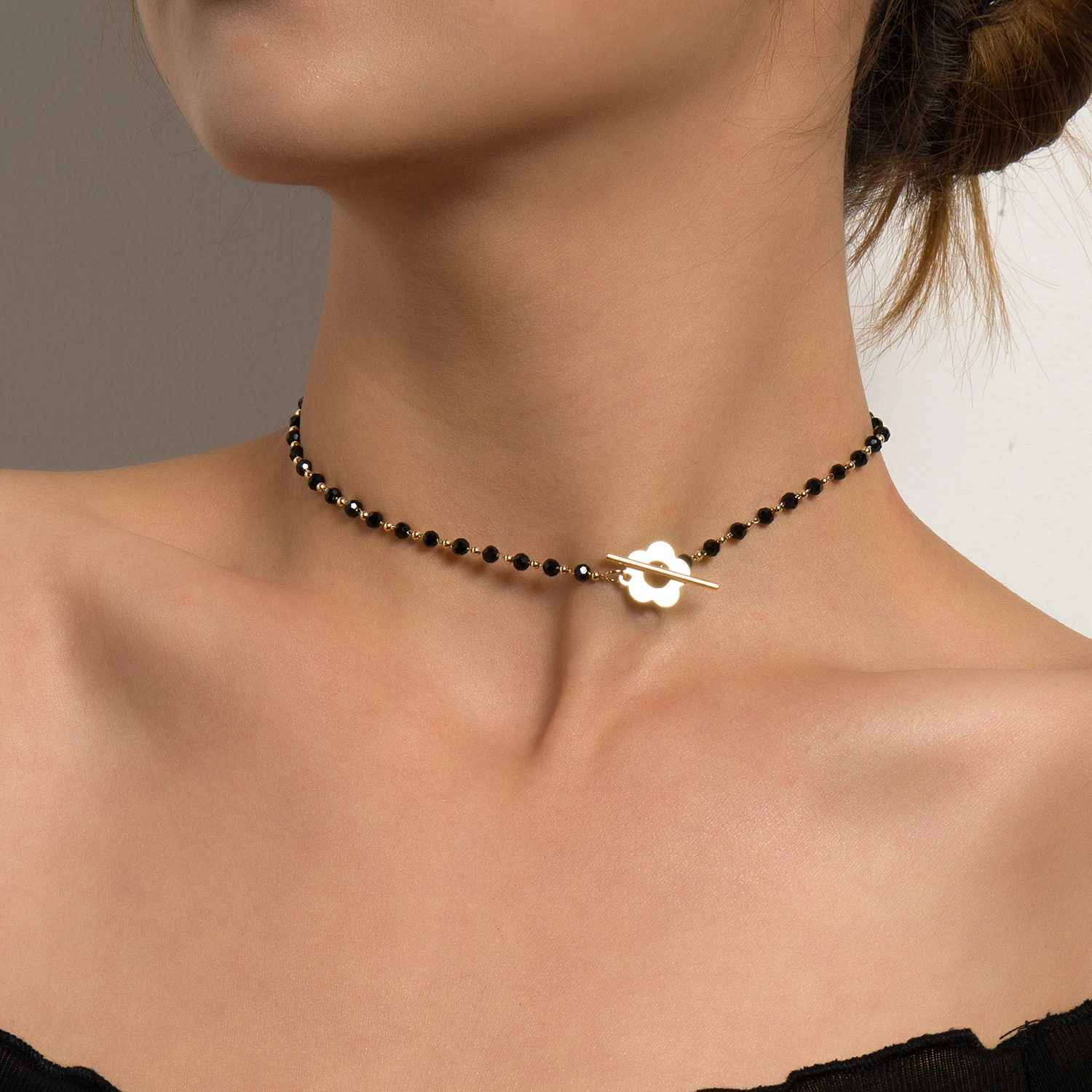 Mode Luxus Schwarz Kristall Glas Perle Kette Choker Halskette für Frauen Blume Lariat Lock Kragen Halskette Schmuck Party Charme Image