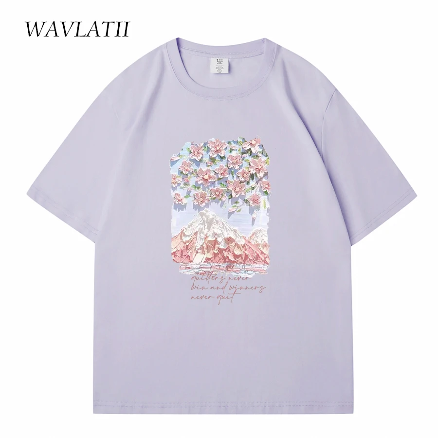 WAVLATII Frauen 100% Cottom Sommer T shirts Weibliche Lavendel Streetwear Gedruckt Tees Dame Grün Casual Kurzarm Tops WT2328
