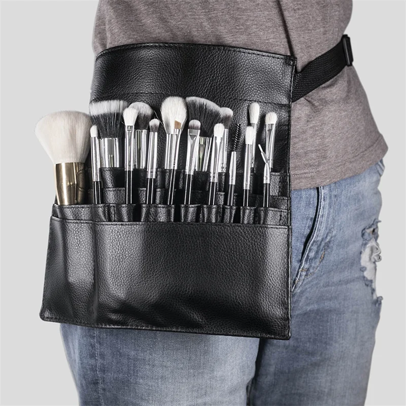 Multifunktionale Kosmetiktasche aus schwarzem PU-Leder, Hüfttasche, Make-up-Pinsel-Tasche mit Gürtel für professionellen Make-up-Künstler, große Kapazität Image