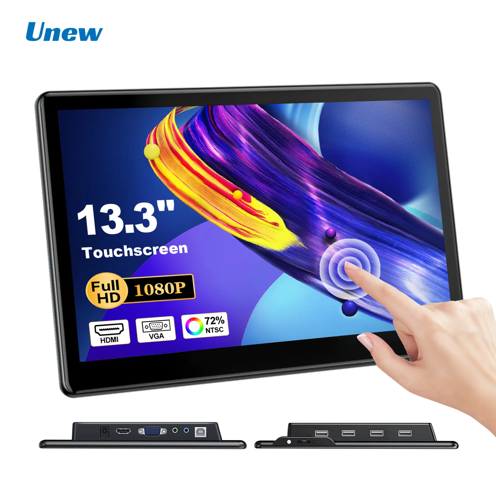 Unew 13,3 Zoll Touch Panel Tragbares LCD 1920 x 1080 IPS Monitor Display Touchscreen mit Lautsprecher HDMI/Typ-C Eingang für Laptop DVI Image