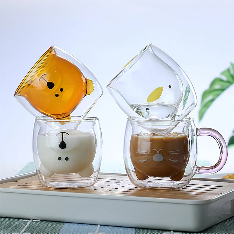 Doppelte Glastasse, süße Kaffeetasse, Bär, Katze, Hund, Tier, transparent, niedlich, Milch, Saft, Tee, Trinkbecher, Geburtstagsfeier, Weingläser Image