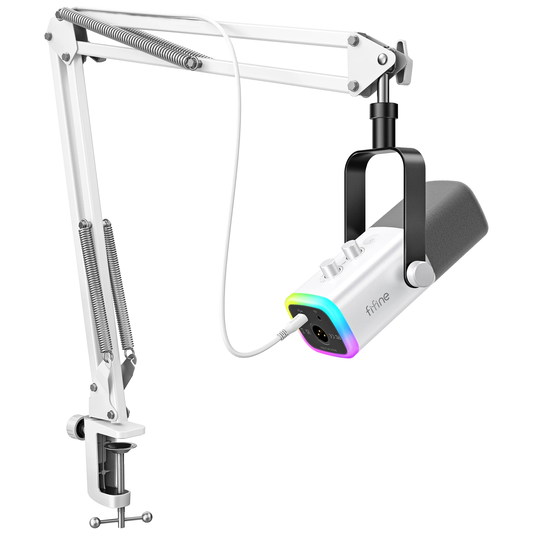 FIFINE Kit microfono da gioco USB/XLR con jack per cuffie/braccio RGB/boom, set microfono dinamico per PC PS5/4 Mixer AmpliGame White-AM8TW