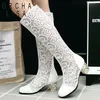 ORCHA LISA Frühling Sommer Stiefel Schuhe Frauen Med Heels Knie Blume Spitze Weibliche Mujer Zipper Glitter Sexy Weiß BiG Größe 43 44 4546