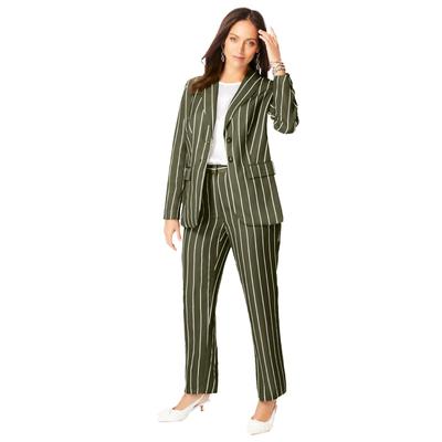 Plus Size Women's 2-Piece Stretch Crepe Single-Breasted Pantsuit by Jessica London in Dark Olive Green Pinstripe (Size 36 W) Set