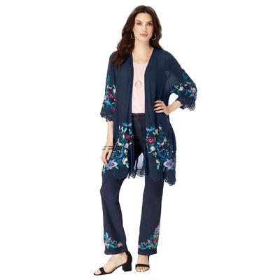 Plus Size Women's Floral Embroidered Kimono by Roaman's in Navy Embroidered Floral (Size S)
