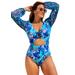 Plus Size Women's Cup Sized Chiffon Sleeve One Piece Swimsuit by Swimsuits For All in Blue Watercolor Floral (Size 26 E/F)