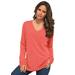 Plus Size Women's Fine Gauge Drop Needle V-Neck Sweater by Roaman's in Sunset Coral (Size L)