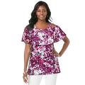 Plus Size Women's Stretch Knit Cold Shoulder Ruffle Tunic by Jessica London in Raspberry Layered Flower (Size 12) Long Shirt