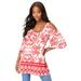 Plus Size Women's Cold-Shoulder Ultra Femme Tunic by Roaman's in Coral Medallion Border (Size 12) Long Shirt