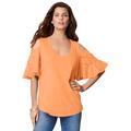 Plus Size Women's Ruffle-Sleeve Top with Cold Shoulder Detail by Roaman's in Orange Melon (Size 12)