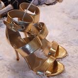 Michael Kors Shoes | Michael Kors Amos Gold Snake Print Leather Sandals Slide Shoes Heels Pump | Color: Gold/Red | Size: 9.5