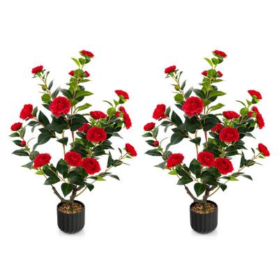 Costway 38 Inch Artificial Camellia Tree Faux Flower Plant in Cement Pot 2 Pack-Red