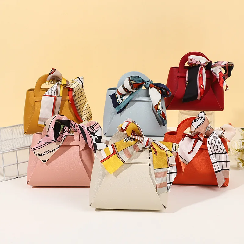 Mini borsa in pelle con fiocco e nastro, sacchetti regalo, scatola per imballaggio di caramelle, sacchetti per imballaggio, sacchetti per distribuzioni, bomboniera, scatola di caramelle, 5 pezzi
