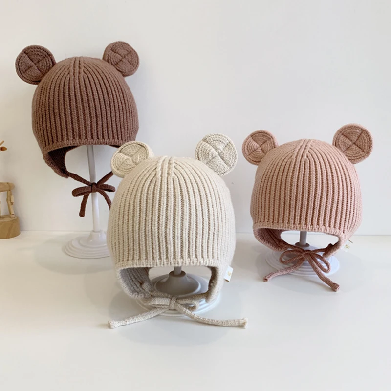 Nette Baby Hut Mit Ohren Herbst Winter Kleinkind Jungen Mädchen Gestrickte Beanie Einfarbig Infant Kinder Warme Earflap Cap Image