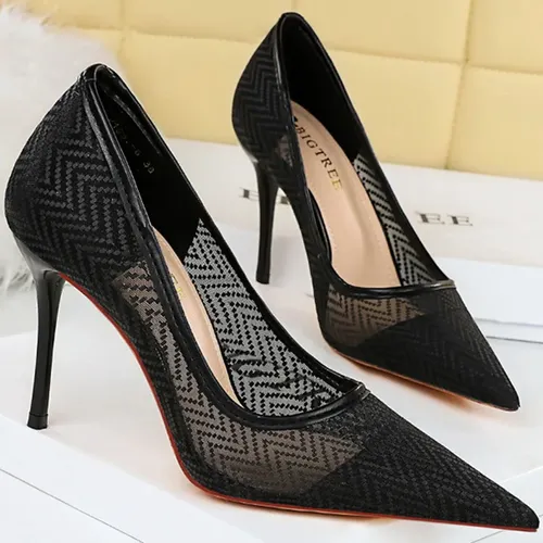 Western-Stil sexy 9 5 cm High Heels Mesh Sandalen Pumps Dame Spitze atmungsaktive Scarpins Schuhe