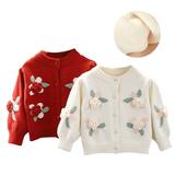 Esaierr Newborn Baby Girls Padded Sweater Cardigan for Toddler Knit Sweater Crewneck Flower Button Cardigan Tops for 9M-6Y