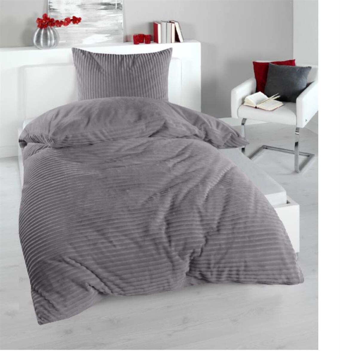 EXKLUSIV HEIMTEXTIL Winter Wende Bettwäsche 2 teilig Cashmere Cord Optik Reißverschluss 135 x200 cm + 80 x80 cm Silber Image