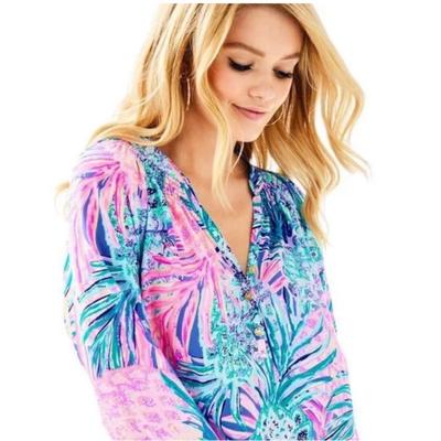 Lilly Pulitzer Tops | Lilly Pulitzer Elsa Silk Top, Gypset Paradise, Size Large | Color: Blue/Pink | Size: L