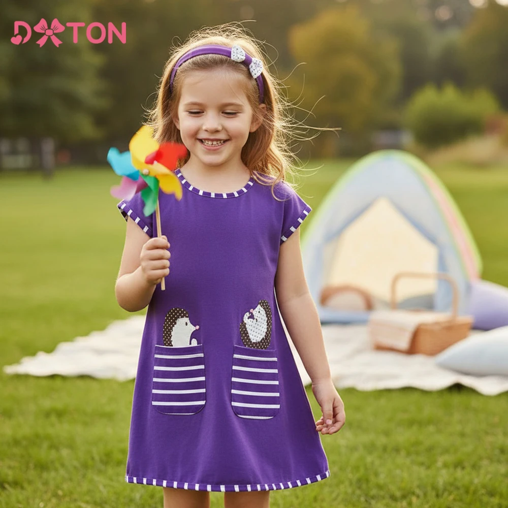 Dxton Sommer Mädchen Kleider gestreifte Kurzarm Kinder Kleid für Mädchen Kleinkind Baumwolle Kleidung Kinder Cartoon Kleid mit Taschen Image