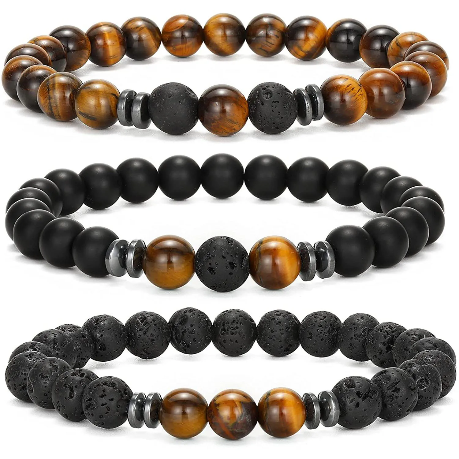 3-teiliges Set, modisches Herren-Armband, Naturstein, Tigerauge, Lavageperlen-Armband, Herren- und Damenschmuck, Geschenk, klassisch Image