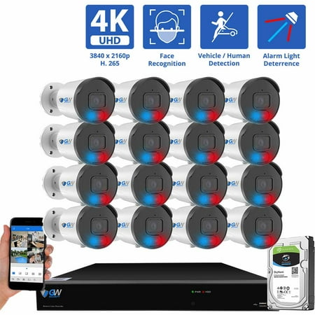 GW Security 16 Channel 12MP NVR 4K Full-Time Color Night Vision Blue&Red Alarm Lights PoE Security Camera System with (16) 8MP Two-Way Audio Outdoor Bullet Cameras AI Human & Cars Detection 4TB HDD