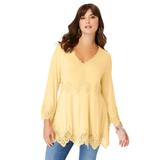 Plus Size Women's Empire-Waist Boho Lace-Trimmed Tee by Roaman's in Banana (Size 22/24)