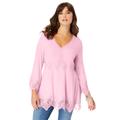 Plus Size Women's Empire-Waist Boho Lace-Trimmed Tee by Roaman's in Primrose (Size 34/36)