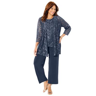 Plus Size Women's Luna Lace 3-Piece Pant Set by Catherines in Navy Silver (Size 18 W)