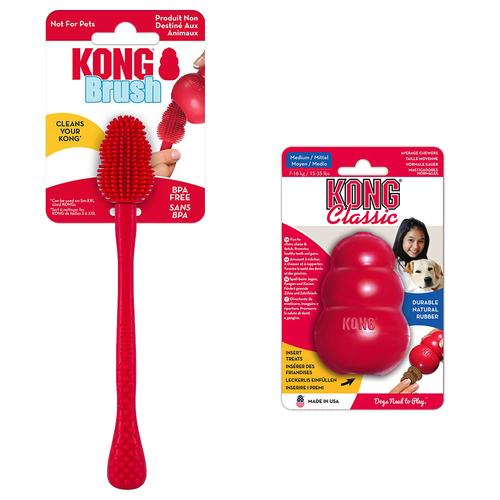 KONG Classic M (8,5 cm) + KONG Reinigungsbürste Hundespielzeug