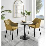 East Urban Home White Marble Effect Round Dining Table & 2 Luxury Velvet Dining Chairs Wood/Upholstered/Metal in Brown/White | Wayfair