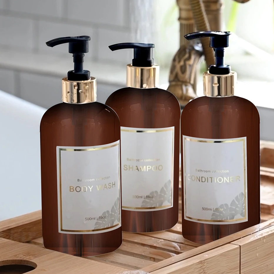 Set di dispenser per doccia da bagno da 3 pezzi, pompa ricaricabile, shampoo trasparente, balsamo, dispenser per il lavaggio del corpo, bottiglia di sapone da bagno
