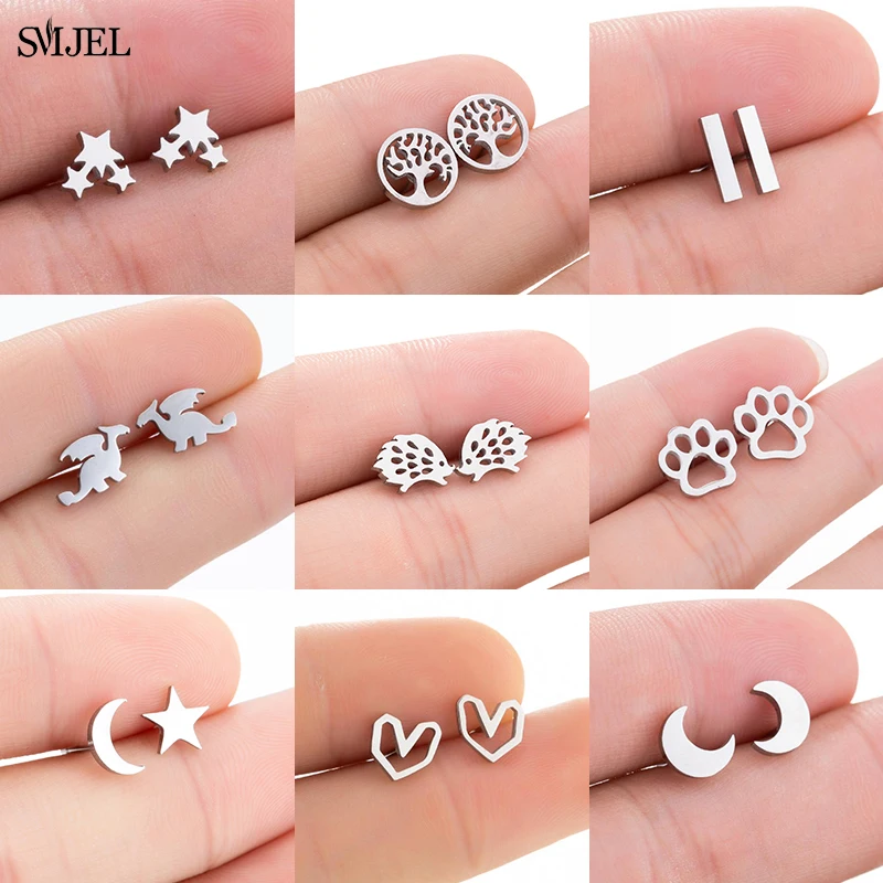 Punk Schwarz Edelstahl Ohrstecker für Frauen Männer Mode Pfote Igel Dinosaurier Ohrringe Crescent Moon Ohrstecker Pendientes