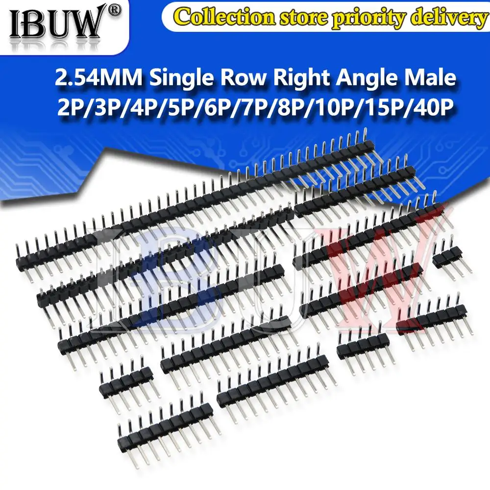 10PCS 1X/2/3/4/5/6/8/10/40 PIN Einreihige Rechtwinklig MÄNNLICHE PIN HEADER 2,54 MM PITCH Streifen Stecker Buchse 3p/4p/6p/8p/20p/40p Image