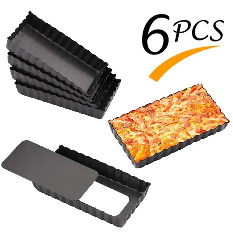 6-teiliges Mini-Tortenpfanne-Set, rechteckig, antihaftbeschichtet, 10,2 cm, Quiche-Pfanne, lose abnehmbare Unterseite, Tortenpfanne, Pie-Pizza-Kuchenform, Backformen Image
