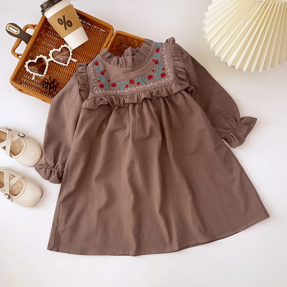 Bären führer neue Frühling Herbst Blume Stickerei Design Mädchen Kleid Französisch Rundhals ausschnitt Rüschen niedlichen Mädchen Langarmrock Image