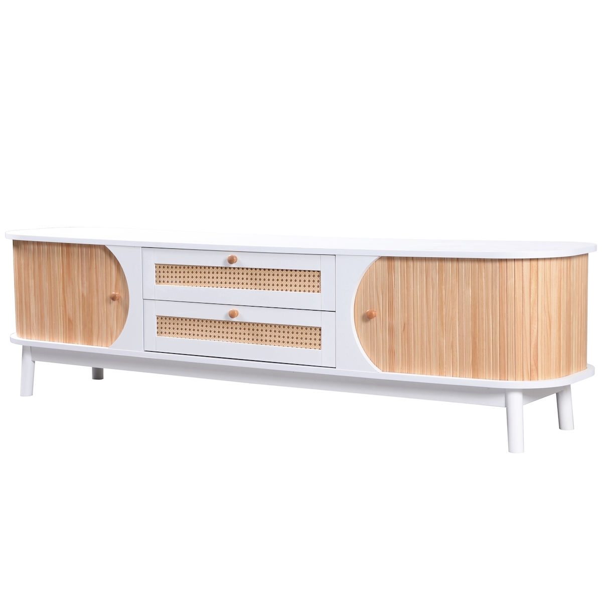 Merax TV-Schrank - Natürlicher Holz-Blend TV-Schrank mit Türen und Schubladen, Natürlicher Landhausstil, Weiß & Holzfarbe Image
