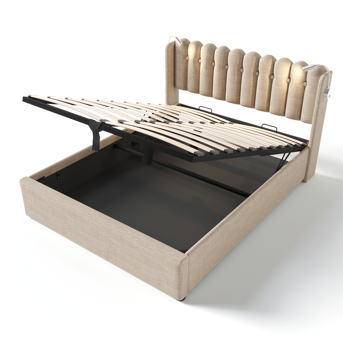 Merax Polsterbett, Hydraulisches Stauraumbett mit Leselicht und Ladefunktion 140x200cm, Leinen, Natürlich Image