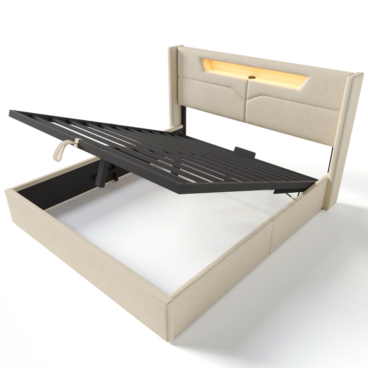 Merax Polsterbett LED Doppelbett mit USB Typ C und LED-Beleuchtung,Baumwolle-Leinen Bezug Stauraumbett 140x200cm, beige Image