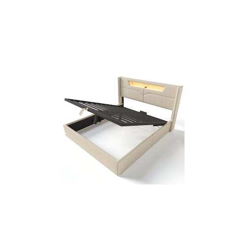 Merax Polsterbett LED Doppelbett mit USB Typ C und LED-Beleuchtung,Baumwolle-Leinen Bezug Stauraumbett 140x200cm, beige