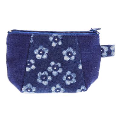 Indigo Blooms,'Indigo Cotton Coin Purse with Batik Floral Pattern'