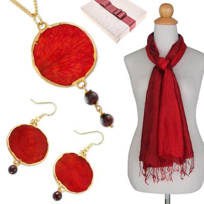 Fire Orchid,'Curated Gift Set with Necklace Earrings and Scarf in Red'