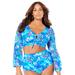 Plus Size Women's Bra-Sized Mesh Sleeve Underwire Bikini Top by Swimsuits For All in Blue Watercolor Florals (Size 40 G)