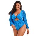 Plus Size Women's Mesh Sleeve Cut Out Out One-Piece Swimsuit by Swimsuits For All in Royal Abstract (Size 10)