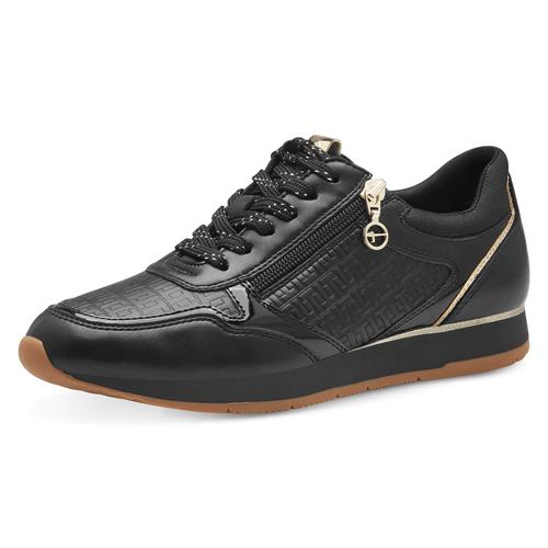 Plateausneaker TAMARIS, Damen, Gr. 41, schwarz (schwarz kombiniert), Lederimitat, Textil, sportlich, Schuhe Schnürschuh Modernsneaker Sneaker low, Freizeitschuh, Halbschuh, Schnürschuh mit dezenten Metallic-Details