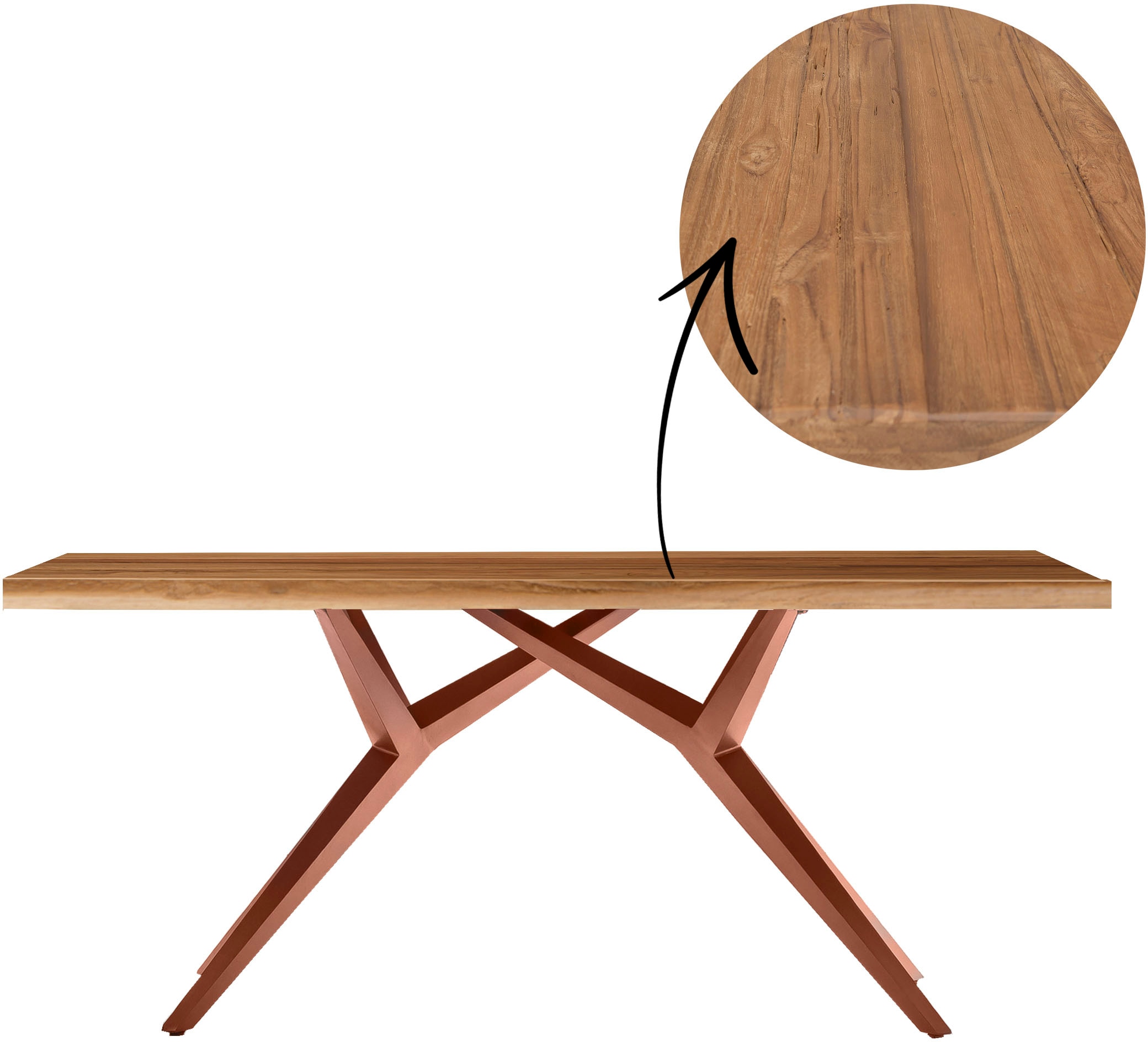 Esstisch SIT, braun (natur, antikbraun, antikbraun, natur), B:180cm H:73cm T:100cm, Platte recyceltes Teak, Gestell Metall, Tische, Esstisch, mit rustikaler Oberfläche