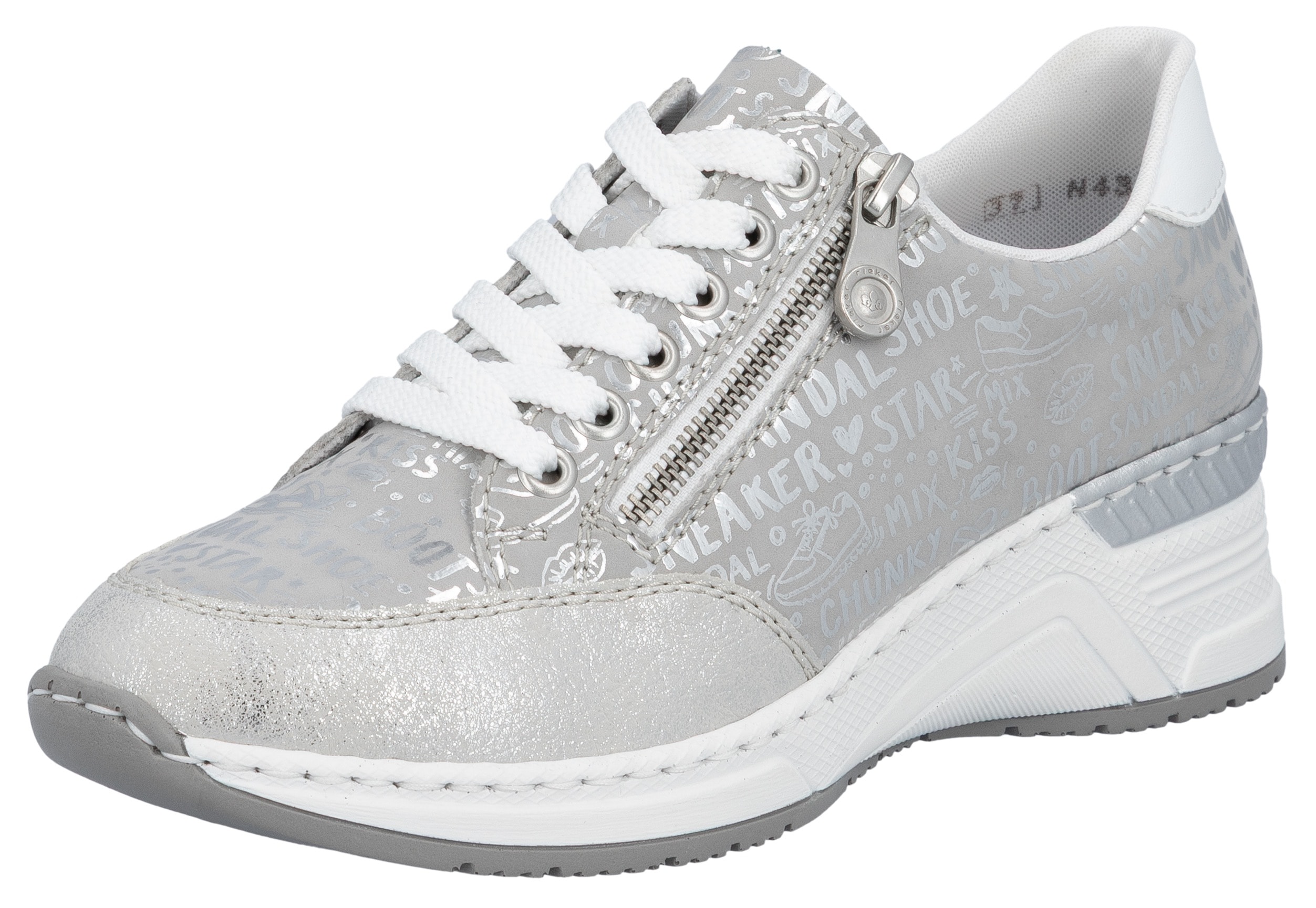 Sneaker RIEKER, Damen, Gr. 36, silber (silberfarben, metallic), Lederimitat, metallic, Schuhe Sneaker, mit Lettern bedruckt, Freizeitschuh, Halbschuh, Schnürschuh